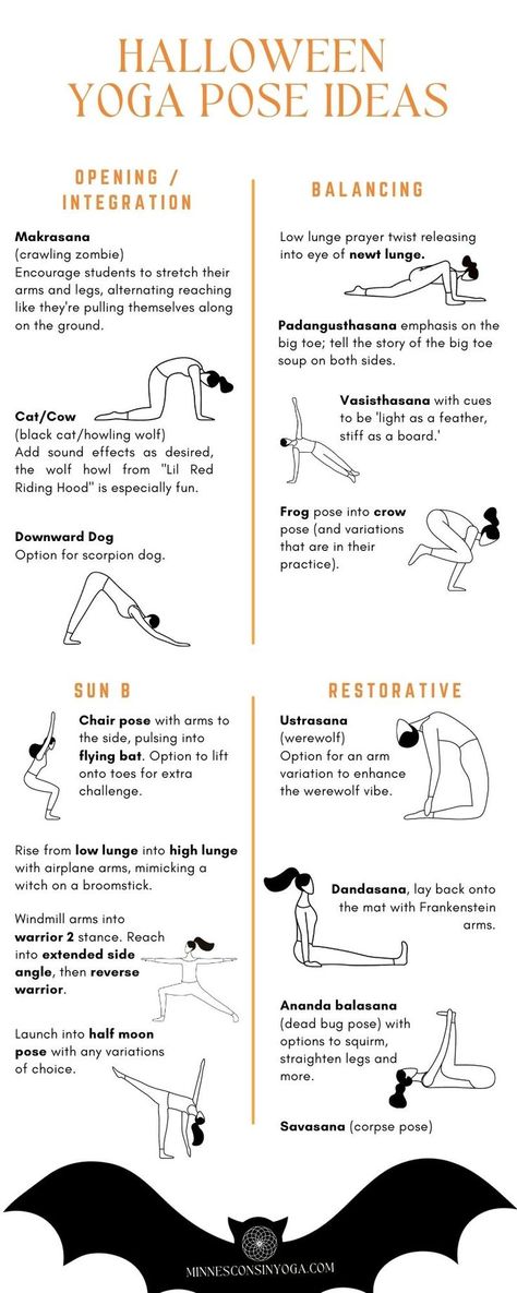 Halloween yoga pose ideas Halloween Yoga Sequence, Halloween Yoga, Autumn Yoga, Yoga Pose Ideas, Yoga Lesson Plans, Crow Pose, Corpse Pose, Yoga Lessons, Vinyasa Flow