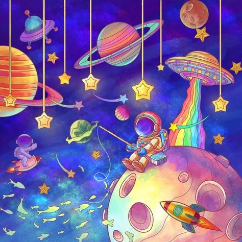 Imaginary Space Drawing, Outer Space Wall Art, Universe Drawing Galaxies, Imaginary Drawing, Outer Space Illustration, Tomato Drawing, Planet Painting, Drawing Competition, Space Drawings