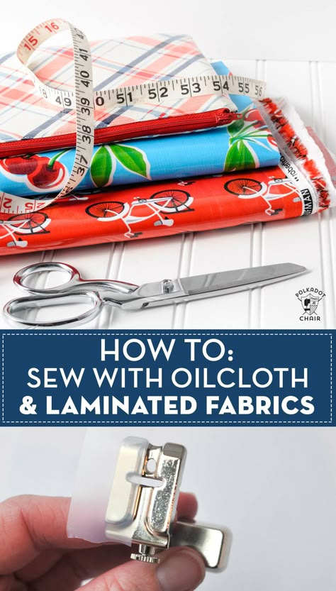 Learn how to sew with laminated fabrics with these simple must know tips and tricks Polka Dot Chair, Laminated Fabric, Beginner Sewing, Beginner Sewing Projects Easy, Leftover Fabric, Sewing Lessons, Sew In, Sewing Projects For Beginners, Sewing Skills