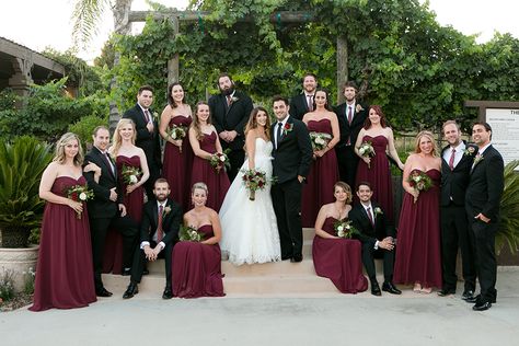 Bridesmaids And Groomsmen Burgundy, Maroon And Black Wedding Flowers, Wedding Black And Burgundy, Burgundy Wedding Theme Groomsmen, Burgundy Wedding Party Groomsmen, Wedding Party Burgundy, Black And Burgundy Wedding Party, Burgandy Bridesmaids Dresses, Burgundy Theme Wedding