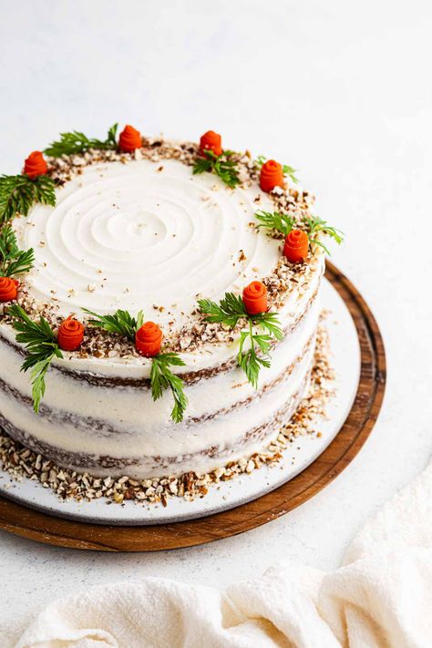 Learn how to make a nude carrot cake with brown butter cream cheese frosting that is moist, tender, and flavorful. Plus, the secret ingredient to make this cake Carrot Cake Christmas Decoration, Carrot Cake Design, Naked Carrot Cake, Cake With Brown Butter Frosting, Carrot Leaves, Carrot Cake Decoration, Brown Butter Cream Cheese Frosting, Brown Butter Cream Cheese, Rotating Cake Stand