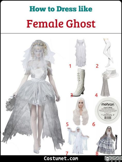 For ghostly costume, you can dress up any which way you like. As long as you look pearly white and bit haunted, that is. For this article, let’s spice things up by tackling Victorian ghosts. Some of the things you will need is a white medieval dress, a white top hat, a white wig.             #misc #male #female #couple #misc #medieval #group #creepy #ghost #Ghostly #victorian White Witch Costume Ideas, Ghost Dress Costume, Ghost Princess Costume, Halloween Ghost Costume Women, White Vampire Costume, Hot Ghost Costume, Ghost Custome Halloween, Ghost Costume Women Diy, Costumes With White Dress