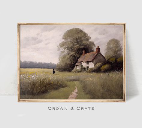 Vintage Cottage Painting, English Cottage Painting, Cottage Oil Painting, Cottage Core Artwork, Cottage Core Couch, Cottage Core Landscape, Country Side Painting, Neutral Painting, French Country Art