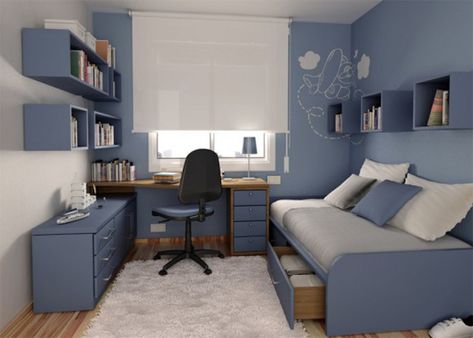 The color blue is refreshing to the eyes and it could make a space look wider. If you’re office and bedroom is in one space, it would be much better to use blue to make the room bigger. Teenage Room Designs, Cool Girl Bedrooms, Cheap Bedroom Ideas, Small Boys Bedrooms, Cool Bedrooms For Boys, Small Kids Room, Teenage Room, Decor Ikea, Small Bedroom Designs