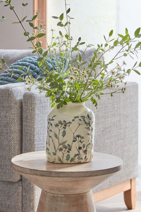 A beautifully, pretty floral, printed ceramic vase. Suitable for fresh and faux flowers. 100% Stoneware. Vase With Lemons, Novel Inspiration, Vase With Flowers, Pottery Inspo, Flowers In Vase, Floral Decorations, Wardrobe Furniture, Accent Arm Chairs, Green Vase