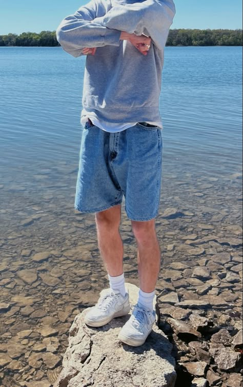 Jorts, outfit, gray sweatshirt, Air Force 1s, style, men’s fashion Surfer Boy Aesthetic Outfit, Surfer Boy Outfits, Baggy Clothes Outfit Men, Mens Surfer Style, Boys Aesthetic Outfits, Summer Outfits Men Streetwear, Guy Fits, Boys Fits, Mens Shorts Outfits