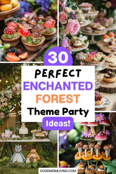 Colorful display of enchanted forest theme party ideas featuring whimsical desserts, floral arrangements, and charming decorations, showcasing cupcakes designed as mushrooms, elegant sweets, and playful animal figurines amidst lush greenery. Perfect inspiration for a magical celebration. Forest Party Activities, Dark Fairy Party, Enchanted Forest Theme Birthday, Forest Centerpieces, Fairy Garden Theme Party, Mushrooms And Fairies, Enchanting Outfits, Woodland Birthday Theme, Fairy Garden Ideas Enchanted Forest