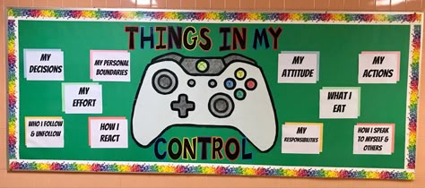 2023 Bulletin Board Ideas, Game Bulletin Board Ideas, Level Up Theme For School, Level Up Classroom Theme, Videogame Room, Gaming Bulletin Board Ideas, Gamer Classroom Theme, Sel Bulletin Board, Game On School Theme