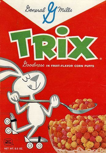 The original Trix--"Raspberry red, Lemon yellow and Orange orange"! Cereal Box, Cereal, Art