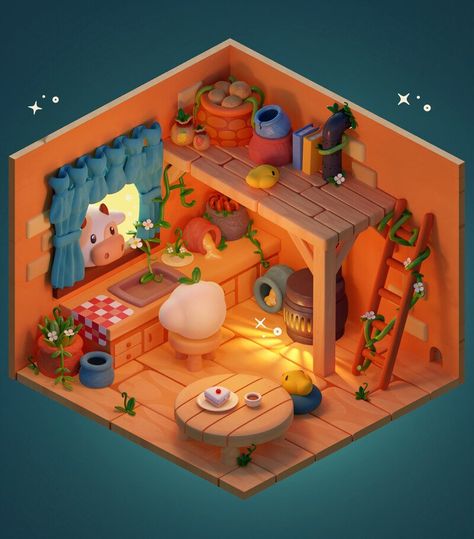 Isometric Room, Farmhouse Artwork, Isometric Art, Blender Tutorial, Isometric Design, Low Poly Art, 3d Artwork, Game Concept, 3d Modelling