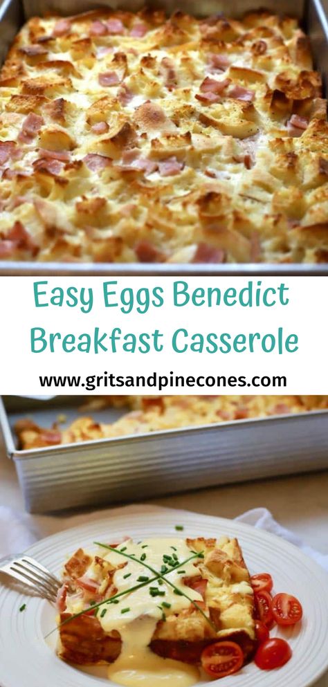 Savory Breakfast Make Ahead, Breakfast Casserole With Hollandaise, Savoury Breakfast Casserole, Make Ahead Eggs Benedict, Hollandaise Breakfast Ideas, Easy Eggs Benedict Casserole, Brunch Casseroles Make Ahead, Make Ahead Fried Eggs, Easter Brunch Casserole