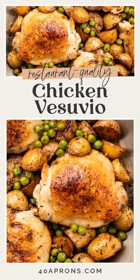 Chicken Vesuvio Recipe, Chicken Vesuvio, Juicy Chicken Thighs, Buttery Potatoes, City Chicken, Crispy Chicken Thighs, Cooking With White Wine, Pan Sauce, One Pan Chicken