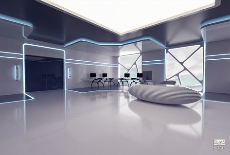 My Graduation Project (Drones Technology Center) :: Behance Technology Architecture Design, Futuristic Lobby Design, Technology Furniture, High Tech Interior, Futuristic Office, Office Technology, Futuristic Interior Design, Small Bedroom Inspiration, Classroom Interior