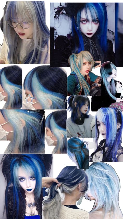 dark blue, silver, chunky highlights/ vkei inspired hair color Blue Hair With Highlights, Colour Blocking Hair, Hair References, Hair Acessories, Chunky Highlights, Dark Blue Hair, Face Care Routine, Silver Highlights, Dye Ideas