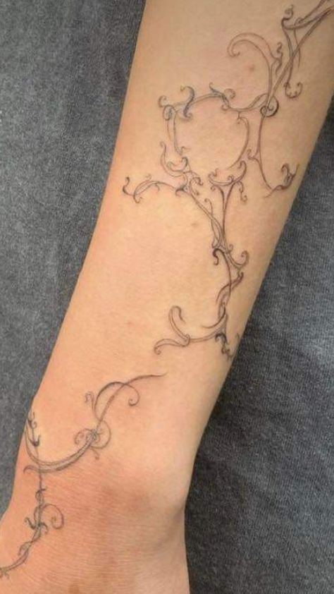 Abstract Hand Tattoos For Women, Long Ornamental Tattoo, Colored Fine Line Tattoo, Botanical Ornamental Tattoo, Abstract Ornamental Tattoo, Arm Sleeves Women Tattoo, Mist Tattoo, Whimsical Tattoos For Women, Wrap Around Forearm Tattoo