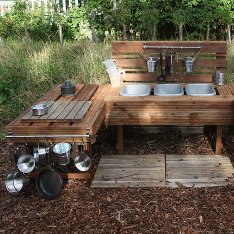 Large Mud Kitchen made from old decking Mud Kitchen For Kids, Outdoor Play Spaces, Pallet Kitchen, Diy Mud Kitchen, Play Kitchens, Outdoor Play Areas, Diy Playground, Kids Outdoor Play, Natural Playground