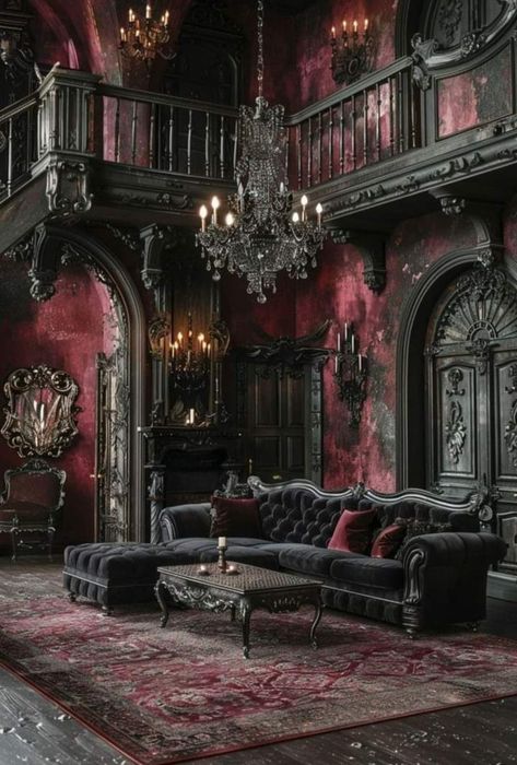 Dark Baroque Aesthetic, Haunt Furniture, Theatrical Aesthetic, Dollhouse Inside, Gothic Living Room Ideas, Gothic Rooms, Enchanted Bedroom Ideas, Dark Maximalism, Living Room Halloween Decor