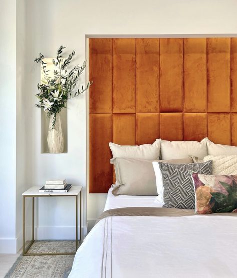 Thank you so much @mvinteriorssf for tagging us in this stunning photo!🧡 #orange #orangedecor #colorfuldecor #decorideas #interiorideas #interiordecorating #decorinspo #designinspo #wallpanel #wallpanelling #vantpanels Orange Headboard, Upholstered Wall Panels, Upholstered Walls, Built In Refrigerator, Orange Decor, Room Transformation, Mobile Homes, Open Concept Kitchen, Cama Box