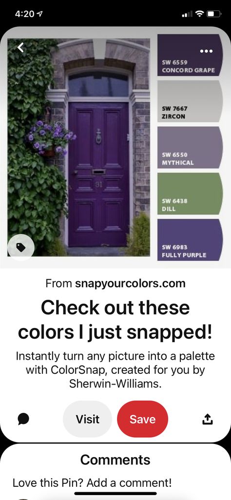 Grey House Purple Door, Accent Front Door Color Grey House, Purple Front Door, Purple Front Doors, Green Siding, Grey House, Purple Door, Georgia Homes, Grey Houses