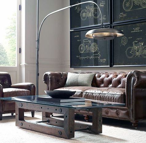 Diy Wood Glass Man Cave Furniture Coffee Table Male Interior Design, Man Cave Furniture, Leather Couches, Wallpaper Macbook, Classy Living Room, Industrial Living, Industrial Livingroom, A Living Room, Design Living