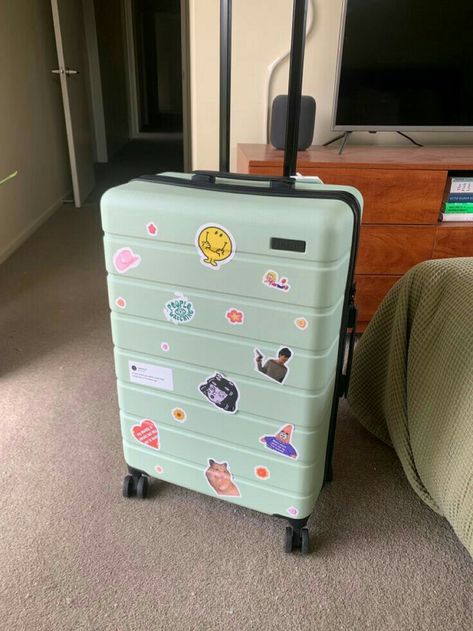 Stickers For Suitcases, Stickers On Suitcase, Luggage Stickers Ideas, Suitcases Aesthetic, Suitcase With Stickers, Suitcase Aesthetic, Yellow Suitcase, Philippines Summer, Sticker Suitcase