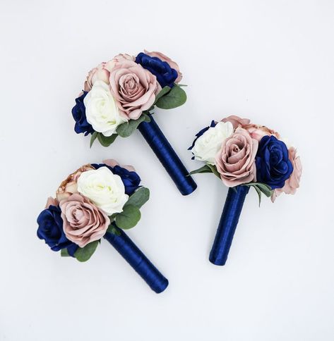 Ivory Wedding Bouquet, Navy Blue Wedding Theme, Rose Gold Bouquet, Ivory Bridal Bouquet, Ivory Bouquet Wedding, Navy Wedding Flowers, Gold Bouquet, Silk Bridal Bouquet, Bridal Bouquet Pink