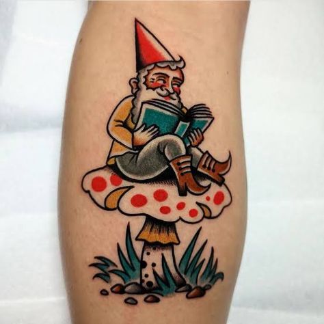 Alien American Traditional Tattoo, Traditional Gnome Tattoo, Garden Gnome Tattoo, Amanita Tattoo, Traditional Fairy Tattoo, Midsommar Tattoos, Goblin Tattoo, Cottagecore Tattoos, Gnome Tattoo