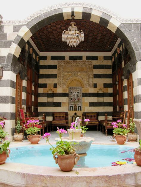 Iwan, Beit Ak-Bik Hotel, Damascus, Syria Syrian Courtyard, Syrian Architecture, Damascus House, Syria Pictures, Turkish Architecture, Arabian Decor, Syrian Food, Islamic Style, Damascus Syria