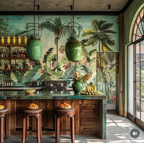 Bali Restaurant Interior, Art Deco Tropical Interior, Carribean House, Modern Restaurant Design, Tropical Living, British Colonial Style, Big Wall Art, Tropical House, Sitges