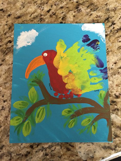 Parrot foot print hand art. Dr Seuss Preschool Activities, Bird Footprint, Jungle Artwork, Dr Seuss Preschool, Kids Canvas Painting, Parrots Art, Kids Painting, Art Help, Preschool Arts And Crafts