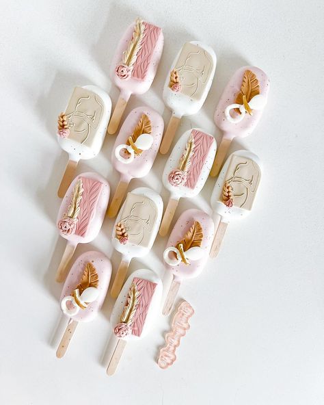 Popsicle Baby Shower Theme, Boho Cakesicles, Boho Treats, Boho Favors, Cake Sicles, Boho Cake, Baby Shower Cake Pops, Girl Baptism