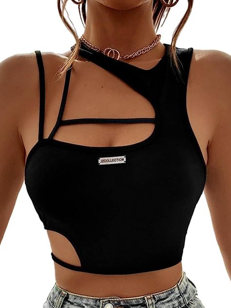 Verdusa Women's Asymmetrical Neck Sleeveless Cut Out Cami Crop Tank Top at Amazon Women’s Clothing store Techno Outfit Ideas, Engineer Clothes, Techno Outfit, Clubbing Outfits, Strappy Crop Top, Black Crop Top Tank, Perfect Summer Outfit, Summer Crop Tops, M F