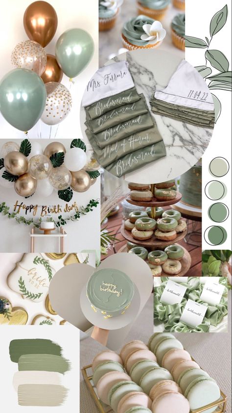 Bridal Shower Themes Eucalyptus, Green Gold And White Bridal Shower Ideas, Sage Green Birthday Party Aesthetic, Green Theme Bridal Shower Ideas, Sage And Gold Bridal Shower Ideas, Sage Green Tea Party, Bachelorette Party Ideas Green, Olive Green Bridal Shower Ideas, Botanical Party Theme