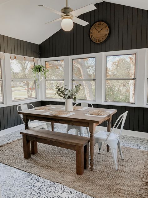 Charcoal Sunroom, Sun Porch Flooring Ideas, Sunroom Interior Walls, Farmhouse Sunroom Decor, Sunroom Paneling, Metal Sunroom Makeover, Dark Sunroom Ideas, Sunroom Floor Ideas, Moody Sunroom Ideas