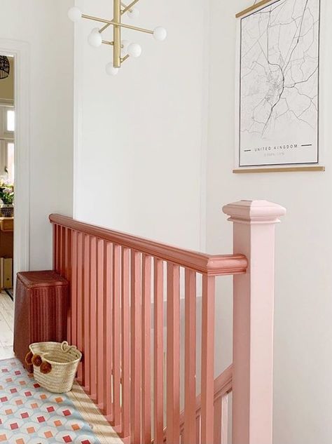 Pink Stair Banister, Colored Stair Railing, Coloured Banisters Stairways, Update Bannister, Colourful Bannister, Pink Banister, Pink Bannister, Pink Skirting Boards, Painted Stair Spindles