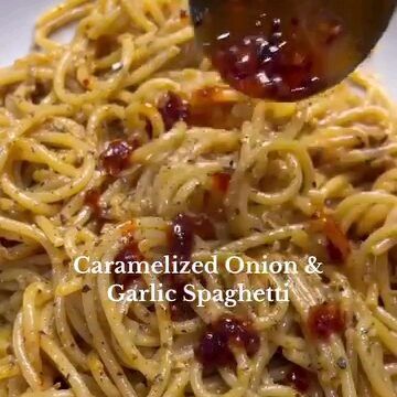 Caramelized Onion and Garlic Spaghetti with Chili Heat Caramelized Onion Garlic Spaghetti, Carmelized Onion & Garlic Spaghetti, How To Carmalize Onions, Garlic Butter Pasta, Hummus Pasta, Garlic Spaghetti, Carmelized Onions, Boiling Pasta, Steak And Shrimp