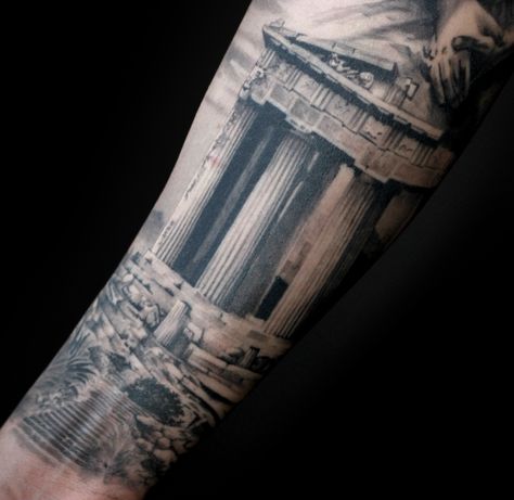 Greece Tattoo, Roman Tattoo, Temple Tattoo, Zeus Tattoo, Inner Bicep Tattoo, Black And Grey Tattoo, Lion Tattoo Sleeves, Greek Mythology Tattoos, Men Tattoos Arm Sleeve