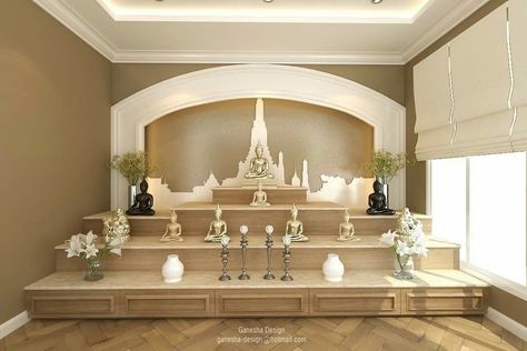 Pooja house Buddha Room Design, Praying Room, Buddha Room, Shrine Room, Temple Room, Kampar, Altar Design, Meditation Room Decor, Mandir Design