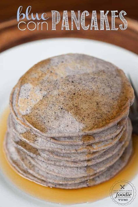 Blue Cornmeal Pancakes are an easy homemade breakfast recipe with a wonderful gritty texture that is a refreshing change from a standard buttermilk pancake. #pancake #cornmeal #recipe #homemade Blue Corn Cake Recipe, Blue Corn Pancakes Recipe, Navajo Recipes, Blue Cornmeal Pancakes, Blue Corn Meal, Blue Corn Pancakes, Pumpkin Buttermilk Pancakes, Easy Homemade Breakfast, Blue Cornmeal