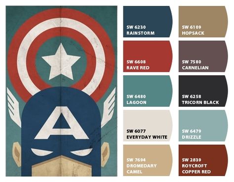 Instantly turn any picture into a palette with ColorSnap, created for you by Sherwin-Williams. Captain America Color Palette, Red And Blue Boys Bedroom, Marvel Room Ideas, Batman Bathroom, Avengers Bedroom, Marvel Bedroom, Avengers Room, Boys Bedroom Themes, Marvel Room