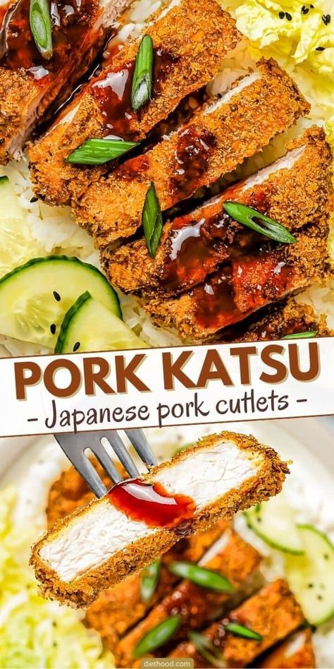 Pork Katsu is a delicious Japanese classic! Coated in golden panko breadcrumbs and fried to perfection, these juicy pork cutlets are a comforting dish that's easy to make at home. Pair with a zesty homemade tonkatsu sauce and a side of fluffy steamed rice for a mouthwatering meal that's guaranteed to impress. Japanese Tonkatsu Recipe, Pork Katsu Recipe, Fried Pork Cutlets, Tonkatsu Recipe, Katsu Sauce, Pork Katsu, Pork Cutlet Recipes, Katsu Recipes, Tonkatsu Sauce