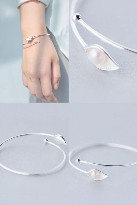 Fashion Leaf Pearl Eyes Style Jewelry Gift For Her Adjustable Bangle Silver Open Bracelet Pearl Eyes, Eyes Style, Pearl Bangle Bracelet, Modern Silver Jewelry, Open Bracelet, Bangle Silver, Pearl Bangle, Gold Rings Fashion, Hand Bracelet