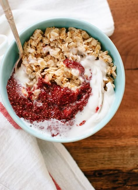 Toasted Oatmeal with Strawberry Chia Jam and Coconut Whipped Cream | cookieandkate.com Toasted Oatmeal, Strawberry Chia Jam, Cookie And Kate, Chia Jam, Jam Cookies, Coconut Whipped Cream, Breakfast Bowl, Breakfast Time, Food Trucks