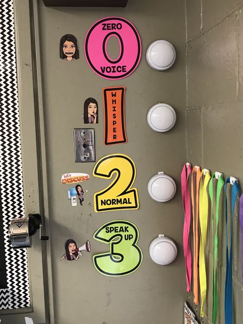 Push lights from Walmart, signs made on Microsoft Word, and Bitmoji from the app! #MrsGatesClass  #mrsgatesclassroom  #bitmoji #classroom s #teacher #Classroommanagement  #noiselevel #noise #level #lights #pushlights #classroombitmoji #bitmojiclass #bitmojiclassroom #bitmojiteacher #classbitmoji #teacherbitmoji Noise Level Lights, Voice Level Lights, Classroom Bitmoji, Noise Level Chart, Noise Level Classroom, Bitmoji Classroom, Voice Levels, Teaching 5th Grade, Classroom Expectations