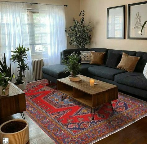 Living Room Grey Sofa, Grey Sofa Decor, Red Rug Living Room, Elegant Living Room Furniture, Carpets Living Room, Art Studio Room, Grey Sofa, Dream Apartment Decor, Red Carpets