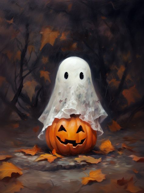 Cute Ghost with Pumpkin Halloween Kunst, Halloween Wallpaper Cute, Labu Halloween, Puzzles For Adults, White Halloween, Halloween Artwork, Halloween Painting, Halloween Drawings, Halloween Designs