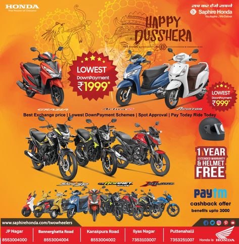 Exclusive Offers on Honda Bikes | Saphire Honda Two Wheelers Lowest DownPayment ₹1999/₹999 ✅ Best Exchange price ✅ Lowest DownPayment Schemes ✅ Spot Approval ✅ Pay Today Ride Today ✅ 1 Year Extended Warranty & Helmet Free Happy Dusshera, Two Wheeler, Honda Bikes, Creative Ads, 1 Year, Free Download, Real Estate, Bike, Social Media