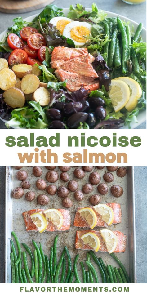 Salad Nicoise with Salmon incorporates all of the elements of a traditional french Nicoise salad with a wild salmon twist! It's a healthy main dish salad that can be made entirely in advance! #salmon #nicoise #healthyrecipes Salmon Salad Nicoise Recipe, Nicoise Salad Salmon, Salad Recipes Salmon, French Salmon, Salmon Nicoise, Salad Nicoise Recipe, Salad With Salmon, Salmon Nicoise Salad, Nicoise Salad Recipe