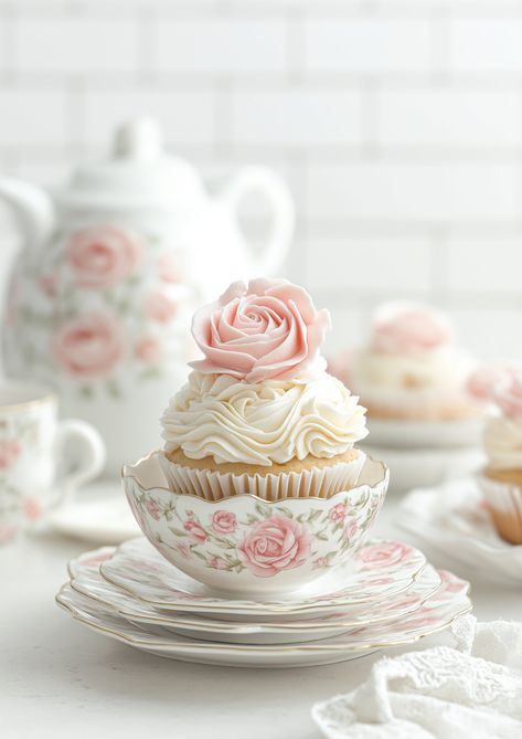 Cupcake In A Teacup, Cupcakes In Tea Cups, Tea Party Theme Cupcakes, Tea Party Cupcakes Ideas, Pink Tea Party Aesthetic, Pink Cupcakes Aesthetic, Pink Pastries, Bridgeton Theme, Cute Baked Goods