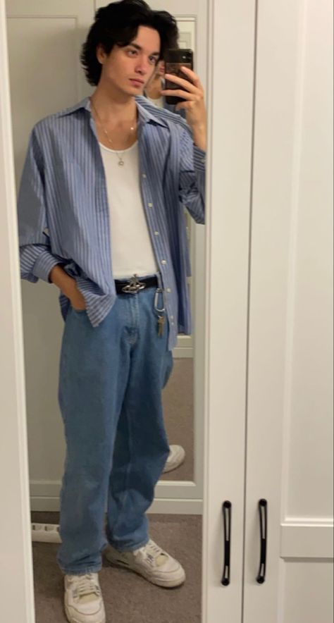 Light Blue Flannel Outfits Men, Blue Shirt Outfit Men Aesthetic, Vintage Blue Jeans Outfit Men, Blue Jeans Outfit Men Summer, Wide Jeans Outfit Men, Blue Button Up Shirt Outfit Men, Outfits Camisa Azul, Blue Male Outfit, Blue Flannel Outfits Men